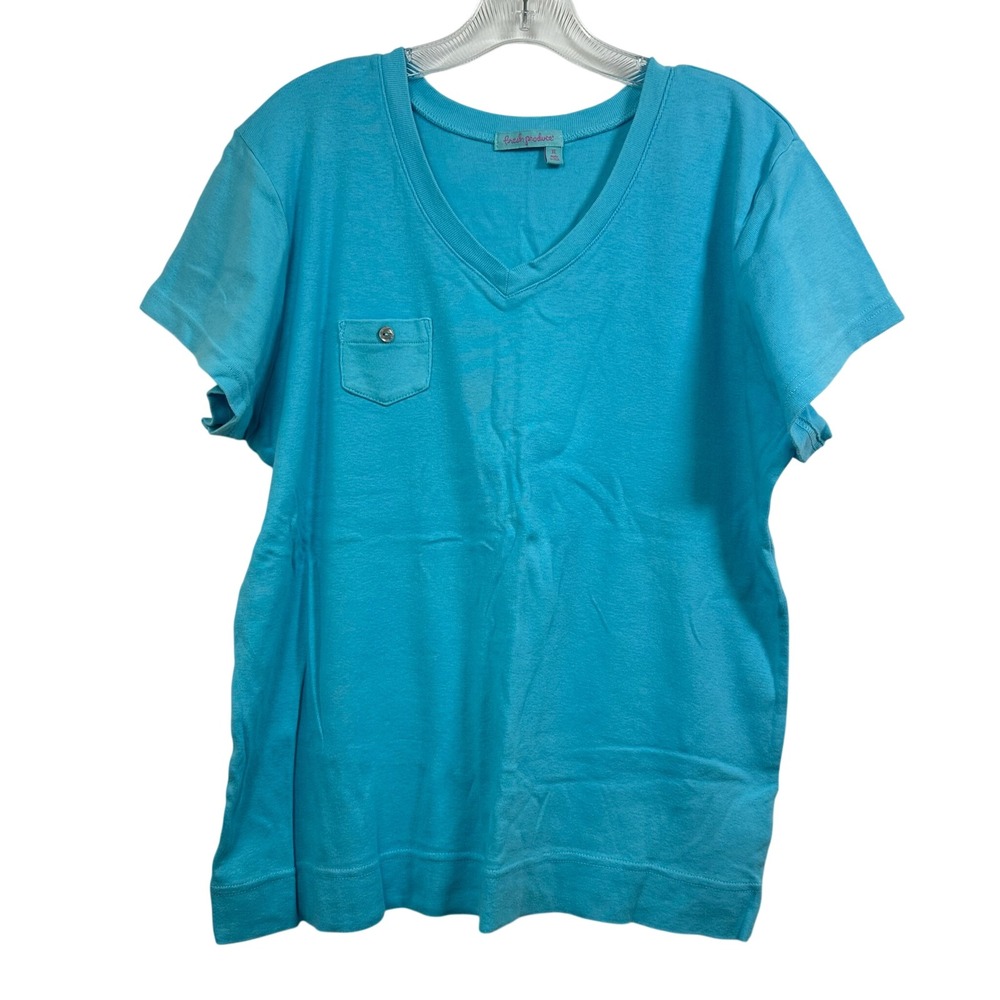 Fresh Produce Womens XL Turquoise Blue Cotton V-Neck Pocket T-Shirt 21353 USA